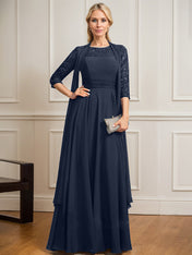 A-line Scoop Illusion Floor-Length Lace Chiffon Mother of the Bride Dress With Pleated