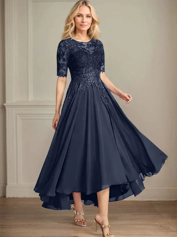A-line Scoop Illusion Asymmetrical Chiffon Lace Mother of the Bride Dress With Sequins