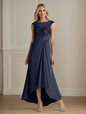 Champagne A-Line Scoop Lace Chiffon Dress