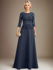 A-line Scoop Illusion Floor-Length Chiffon Lace Mother of the Bride Dress With Pleated Sequins Beading