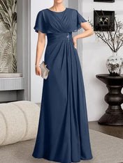 A-line Scoop Floor-Length Chiffon Mother of the Bride Dress With Pleated Beading