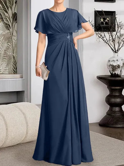 A-line Scoop Floor-Length Chiffon Mother of the Bride Dress With Pleated Beading