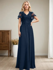A-line V-Neck Floor-Length Lace Chiffon Mother of the Bride Dress With Sequins