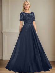 A-line Scoop Illusion Floor-Length Chiffon Lace Mother of the Bride Dress With Sequins Beading