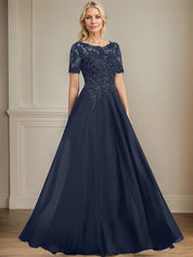 A-line Scoop Illusion Floor-Length Chiffon Lace Mother of the Bride Dress With Sequins Beading