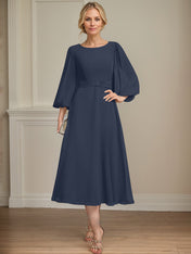 A-line Scoop Tea-Length Chiffon Mother of the Bride Dress With Crystal Brooch Pleated
