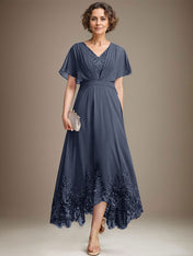 A-line V-Neck Asymmetrical Lace Chiffon Mother of the Bride Dress With Pleated