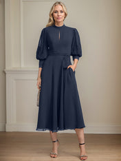 A-line High Neck Tea-Length Lace Chiffon Mother of the Bride Dress With Bow