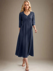A-line V-Neck Tea-Length Chiffon Lace Mother of the Bride Dress With Beading