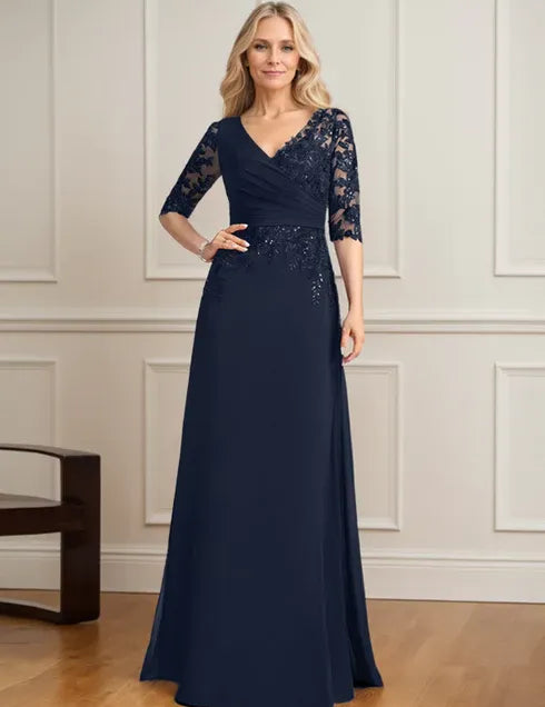 Robe de mère de la mariée trapèze, col en V, longueur au sol, en mousseline de soie et dentelle, avec sequins plissés 
