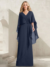 A-line V-Neck Floor-Length Chiffon Mother of the Bride Dress With Cascading Ruffles Beading