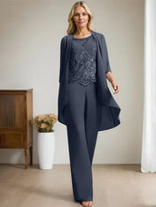 Separates Jumpsuit/Pantsuit Scoop Floor-Length Chiffon Lace Mother of the Bride Dress With Beading Sequins