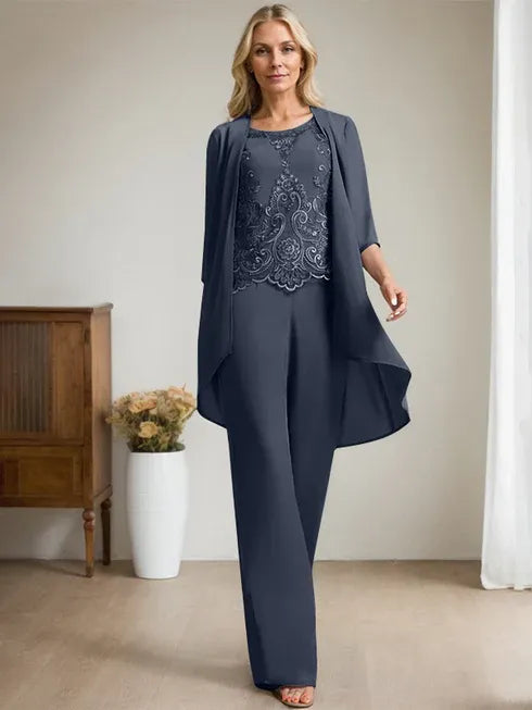 Pantsuit Scoop Floor-Length Chiffon Lace Mother of the Bride Dress With Beading Sequins
