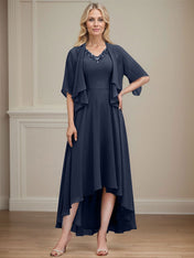 A-line V-Neck Asymmetrical Chiffon Mother of the Bride Dress With Beading Sequins