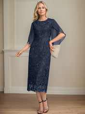 Sheath/Column Scoop Tea-Length Lace Chiffon Mother of the Bride Dress