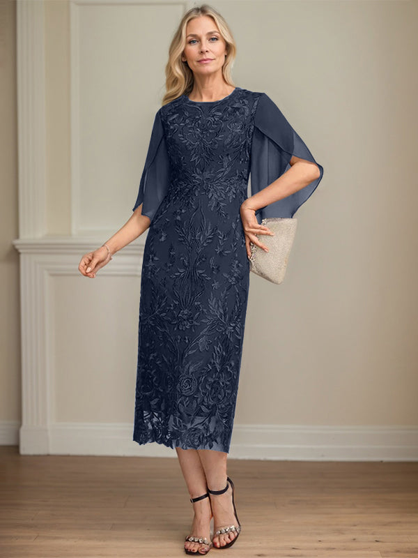 Column Scoop Tea-Length Lace Chiffon Mother of the Bride Dress