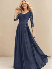 A-line V-Neck Floor-Length Lace Chiffon Mother of the Bride Dress With Sequins