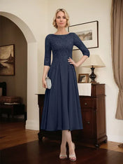 A-line Scoop Illusion Tea-Length Chiffon Lace Mother of the Bride Dress With Beading Sequins