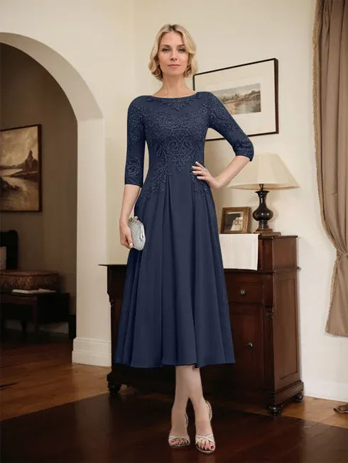 A-line Scoop Illusion Tea-Length Chiffon Lace Mother of the Bride Dress With Beading Sequins
