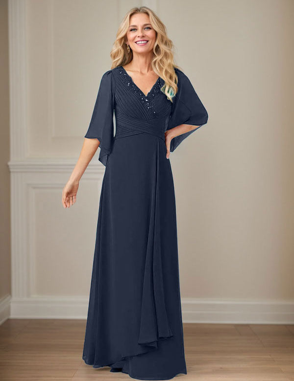 Robe mère de la mariée longue en mousseline à paillettes et col en V