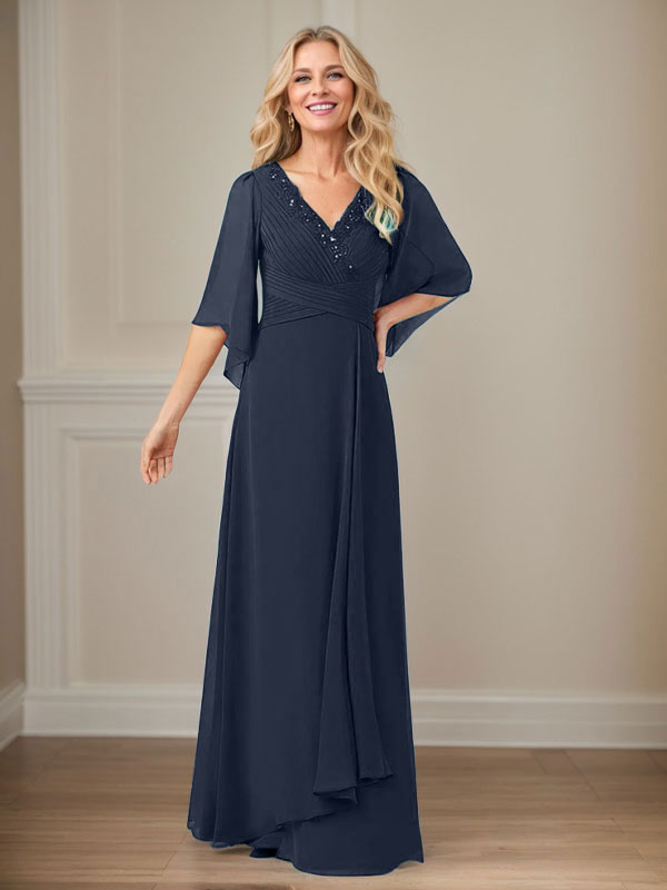 Robe mère de la mariée longue en mousseline à paillettes et col en V