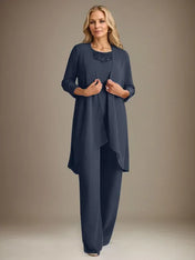 Chiffon Scoop Long Sleeves Mother Of The Bride Pantsuits With Jacket