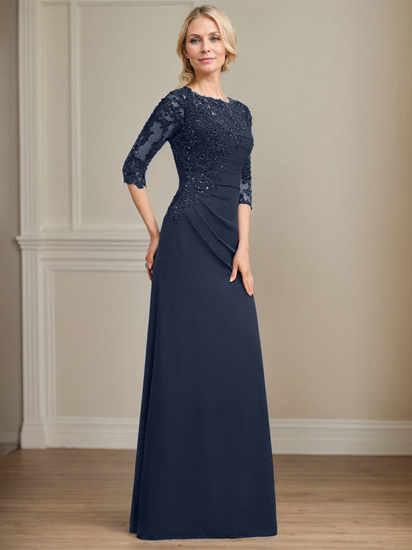 A-line Scoop Floor-Length Chiffon Lace Mother of the Bride Dress With Beading Pleated Sequins
