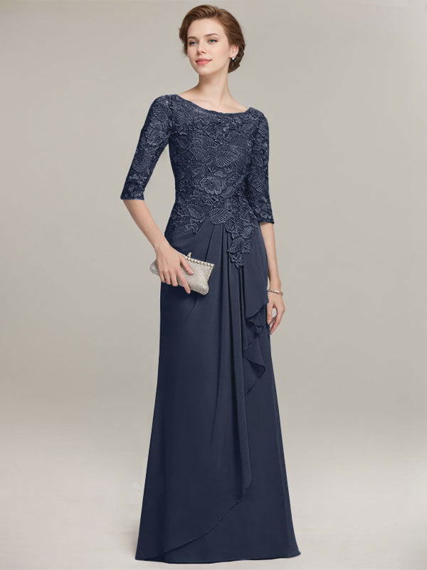 A-line Scoop Illusion Floor-Length Lace Chiffon Mother of the Bride Dress With Cascading Ruffles