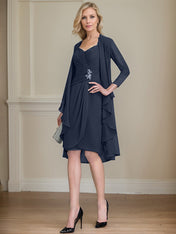 Sheath/Column Sweetheart Knee-Length Chiffon Mother of the Bride Dress With Beading Appliques Lace Sequins Pleated