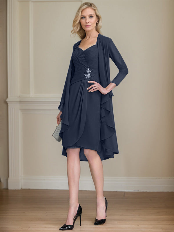 Column Sweetheart Knee-Length Chiffon Mother of the Bride Dress With Beading Appliques Lace Sequins Pleated