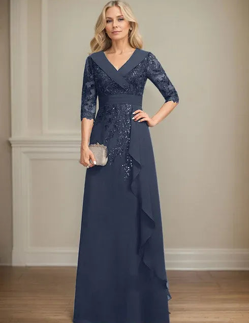 Robe de mère de la mariée trapèze, col en V, longueur au sol, en mousseline de soie et dentelle, avec volants en cascade et paillettes 