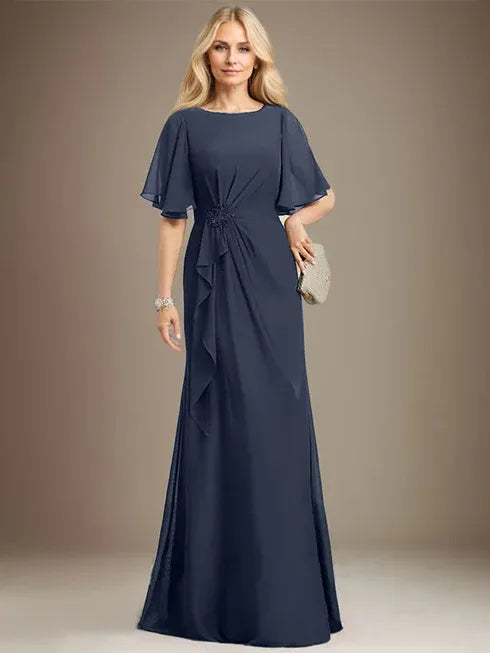 A-line Scoop Floor-Length Chiffon Mother of the Bride Dress With Cascading Ruffles Beading Sequins