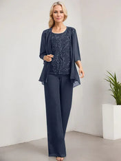 Separates Jumpsuit/Pantsuit Scoop Floor-Length Lace Chiffon Mother of the Bride Dress With Sequins