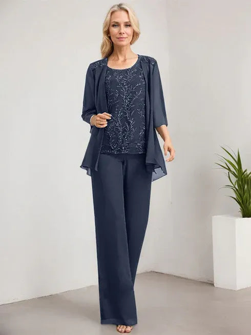 Pantsuit Scoop Floor-Length Lace Chiffon Mother of the Bride Dress With Sequins