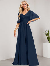 A-line V-Neck Floor-Length Lace Chiffon Mother of the Bride Dress With Sequins