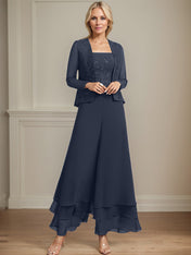 Separates Jumpsuit/Pantsuit Square Ankle-Length Lace Chiffon Mother of the Bride Dress With Sequins