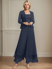 Robe de mère de la mariée en mousseline de soie, longueur cheville, avec sequins, combinaison/tailleur carré 