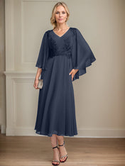 A-line V-Neck Tea-Length Chiffon Lace Mother of the Bride Dress With Beading Sequins