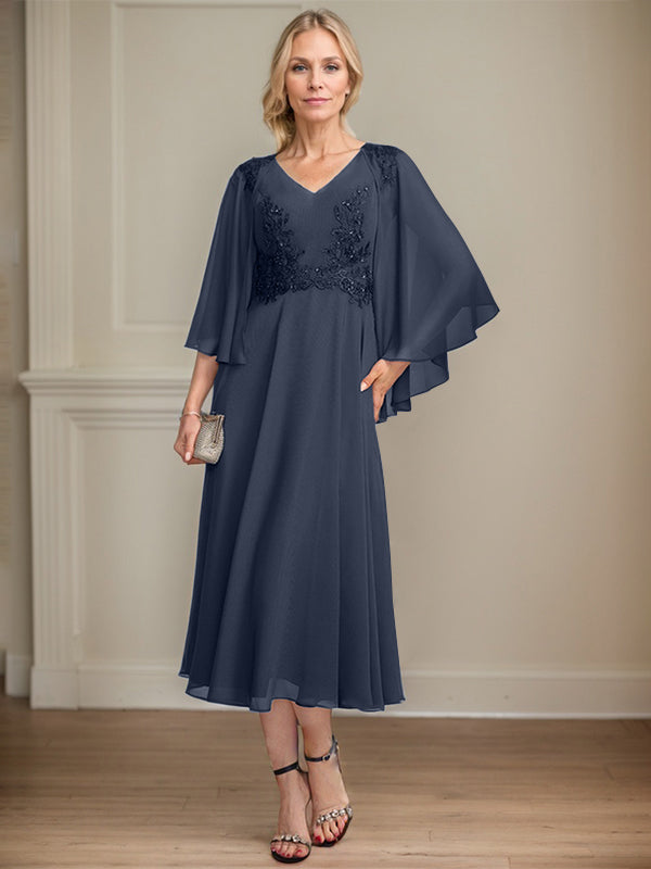A-line V-Neck Tea-Length Chiffon Lace Mother of the Bride Dress With Beading Sequins