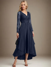 A-line V-Neck Asymmetrical Lace Chiffon Mother of the Bride Dress