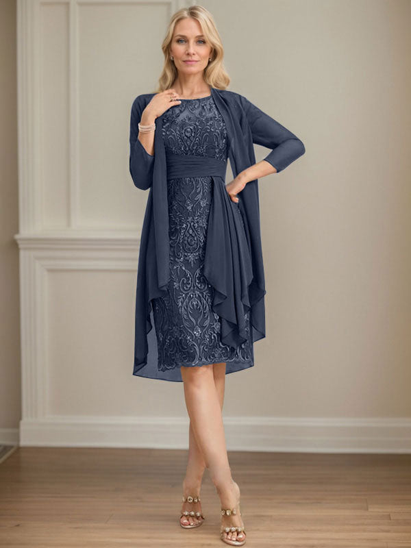 Column Scoop Illusion Knee-Length Lace Chiffon Mother of the Bride Dress With Cascading Ruffles Sequins