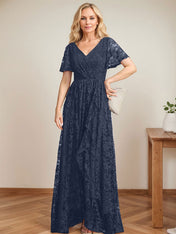 A-Line V-Neck Asymmetrical Lace Mother of the Bride Dress With Cascading Ruffles