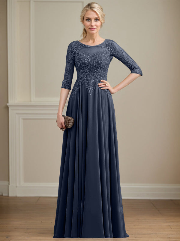 A-line Scoop Illusion Floor-Length Lace Chiffon Mother of the Bride Dress With Sequins