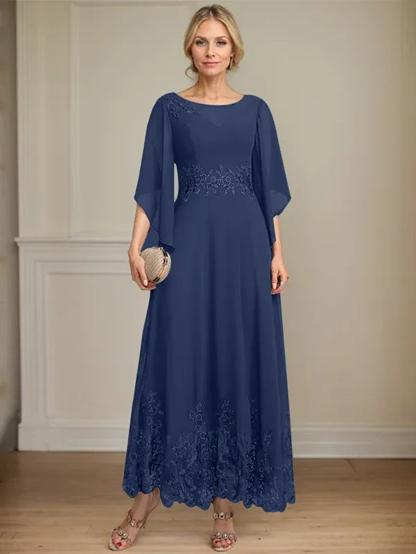Robe de mère de la mariée trapèze en mousseline de soie et dentelle, longueur cheville, décolleté en V, illusion, avec paillettes 