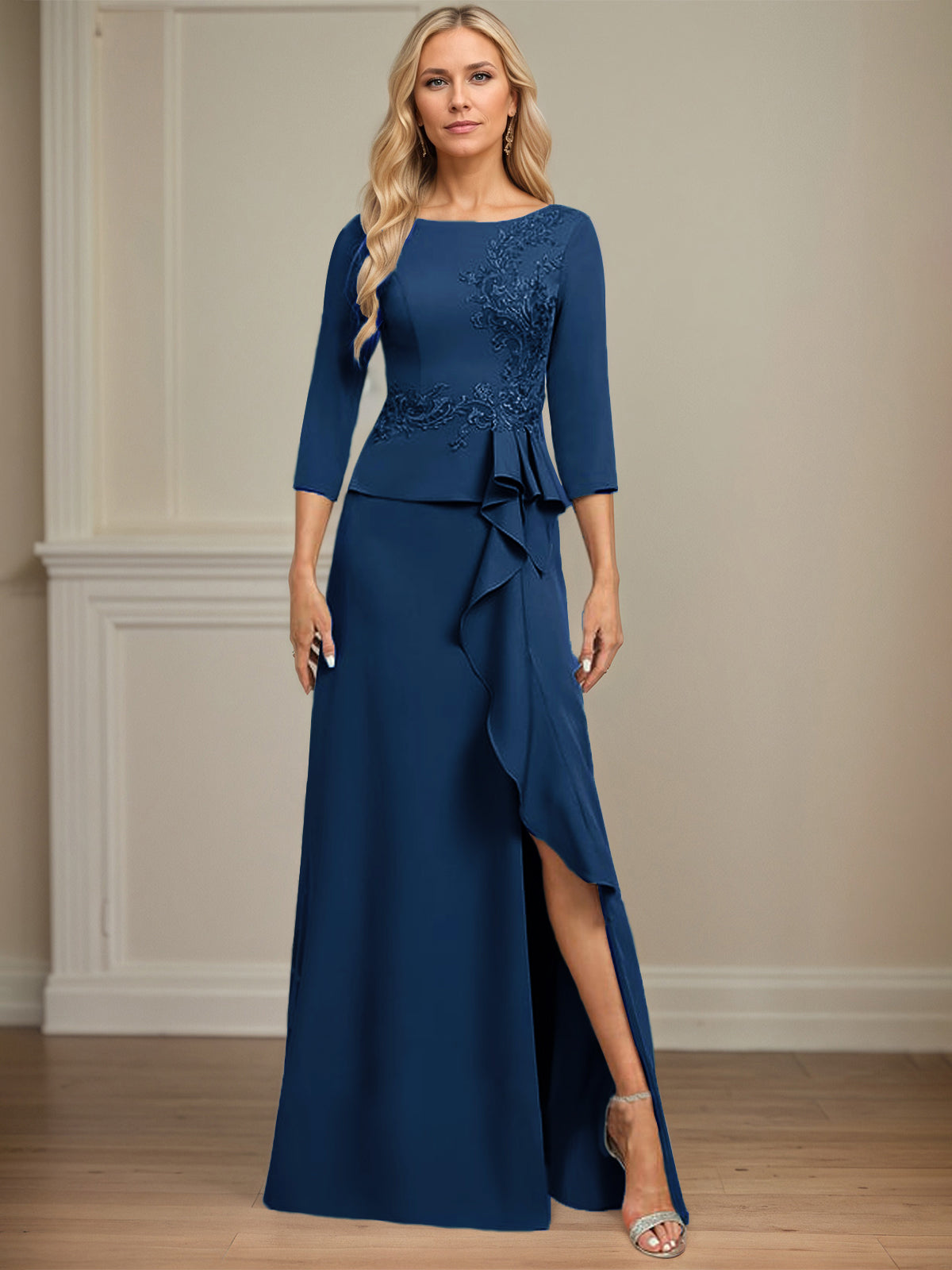 Column Scoop Floor-Length Stretch Crepe Dress With Cascading Ruffles Appliques