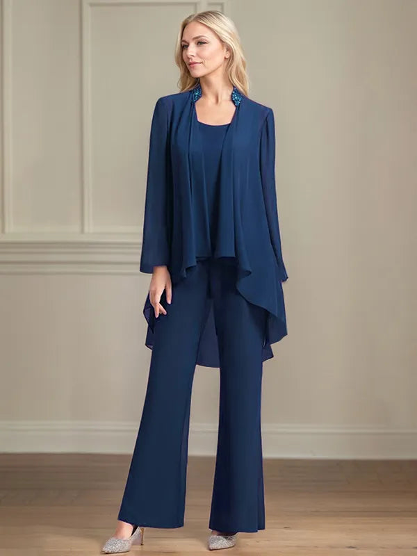 Chiffon Scoop Neck Long Sleeves Floor Length Mother Of The Bride Pantsuits