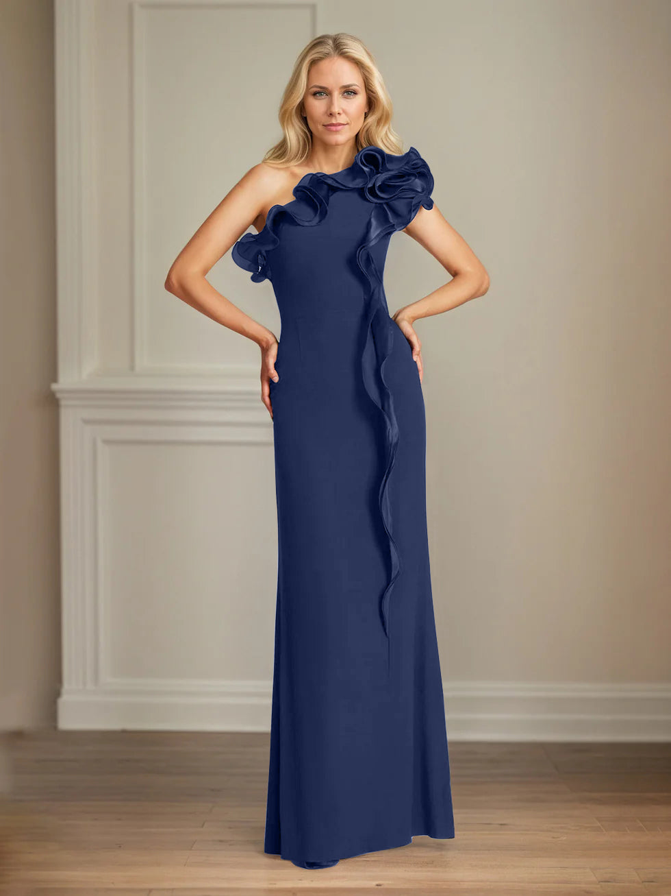 Column One Shoulder Floor Length Mother of the Bride Dresses With Ruffles