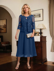 A-line Scoop Tea-Length Lace Chiffon Mother of the Bride Dress With Sequins