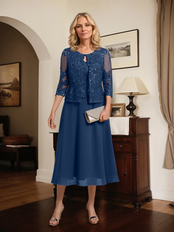 A-line Scoop Tea-Length Lace Chiffon Mother of the Bride Dress With Sequins