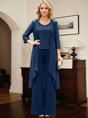 Navy Blue Separates Jumpsuit/Pantsuit Scoop Floor-Length Chiffon Mother of the Bride Dress